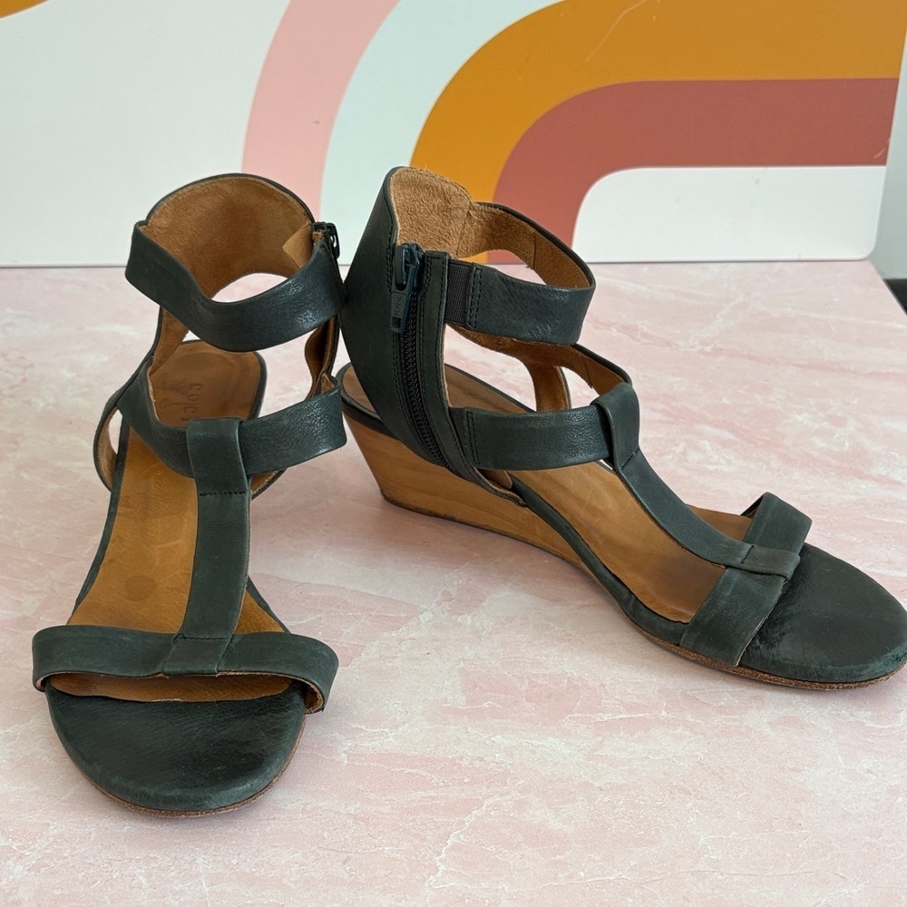 COCLICO Elegant Navy Italian Leather Sandals with Side Zip, Wood Wedge size 7